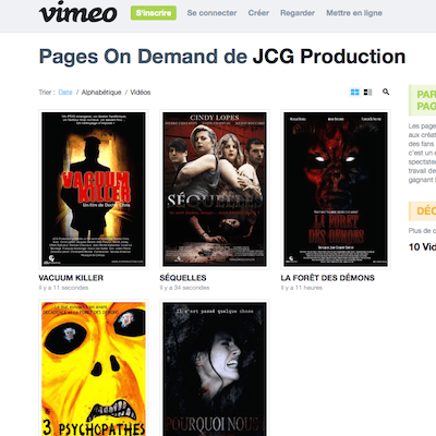 Les films d'horreur gores de JCG Production sont disponibles en VOD location et vente sur Vimeo On Demand.