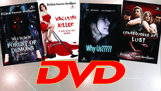 Films d'horreur en DVD éditions USA : excellente nouvelle ! Le distributeur américain Leomark Studios vient de sortir les films Séquelles (Consequence of Lust), Pourquoi nous ! (Why Us?), La forêt des démons (Forest of Demons) ainsi que Vacuum killer en DVD MOD (Manufacture On Demand). Les films sont sous-titrés en anglais. Les DVD sont en vente sur les sites ccvideo.com, cduniverse.com, bestbuy.com, barnesandnoble.com et bien d'autres.