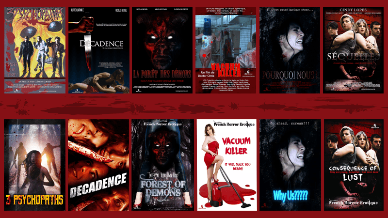 Affiches des films d'horreur de JCG Production en deux versions. En haut, les versions francophones, en bas, les versions USA. Il y a d'autres versions qui existent.