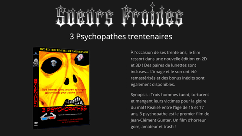 L'excellent site web Sueurs Froides a écrit un petit article sur le DVD du film 3 psychopathes 30ᵉ anniversaire.