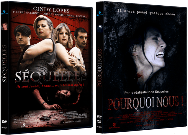 Les DVD des nouveaux films d'horreur Séquelles avec Cindy Lopes de Secret story 3 et Pourquoi nous ! sont disponibles en précommande dans la boutique de JCG Production ainsi que sur de nombreux sites Internet (Amazon, Fnac, etc).