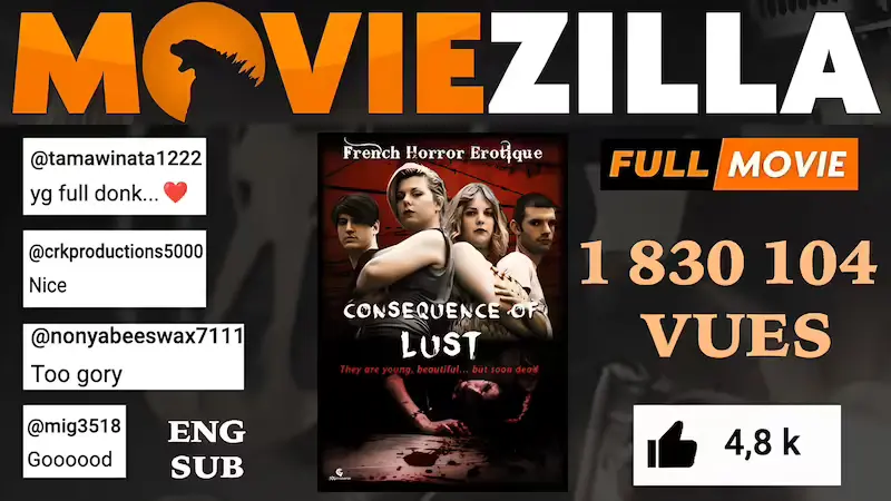 The gory erotic horror film Séquelles number 1: Consequence of Lust (Séquelles) is the most successful film in the JCG Production catalog. Whether on Vimeo On demand, Amazon Prime Video, Amazon Prime Video UK, Altavod, Tubi TV, Roku, and on the AVOD channel — free movies with advertising — Moviezilla, it is approaching two million views, making almost seven times more than the second-ranked film! The film is also available on DVD. A sequel is planned...