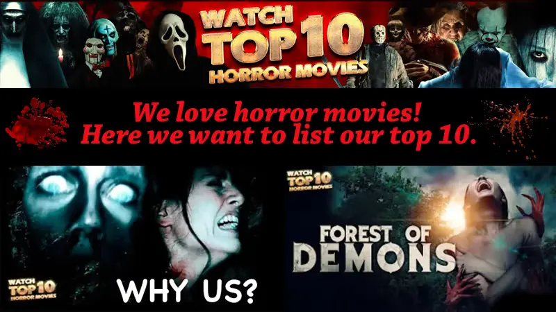 Streaming de films d'horreur gores en AVOD (gratuit avec publicité) : vous pouvez désormais regarder nos films La forêt des démons (Forest of Demons) version non érotique, et Pourquoi nous ! (Why Us?) sur la chaîne de streaming Watch Top 10 Horror Movies. Tous nos films sont sous-titrés en anglais.