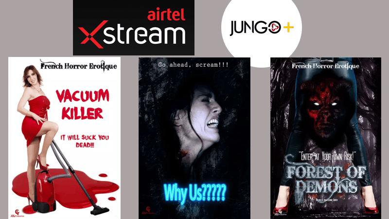 Streaming horror films: a success for JCG Production and a year 2022 which starts with a bang! Tens of millions of people have already seen the films of JCG Production streaming, an incredible success. And now the movies Vacuum killer, Why us ! And La forêt des démons are available in India (almost 1,5 billion inhabitants) on the Jungo+ channel on the Airtel Xstream platform (only available in India).