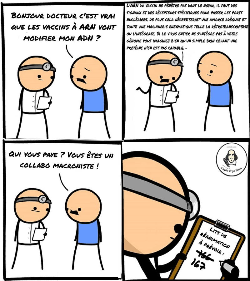 Getting vaccinated against covid 19 is an opportunity. Hello everyone. Like yesterday, I won't talk about films or reality TV. No no ! Messenger RNA vaccines are not new. They have been used for a very long time. For example, measles and mumps vaccines are messenger RNA vaccines. I leave you with this Cyanide and Happiness comic.