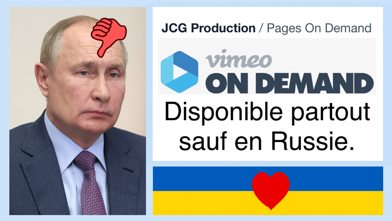 Nous avons bloqué l’accès à notre catalogue VOD de notre chaîne Vimeo On Demand depuis le territoire Russe en soutien aux ukrainiens et aussi parce que nous sommes plus forts si nous agissons tous ensemble. Les gestes insignifiants deviennent importants quand il y a une grande solidarité. Mise à jour le 2 mars 2022 : nous avons bloqué notre catalogue VOD aussi à la Biélorussie.